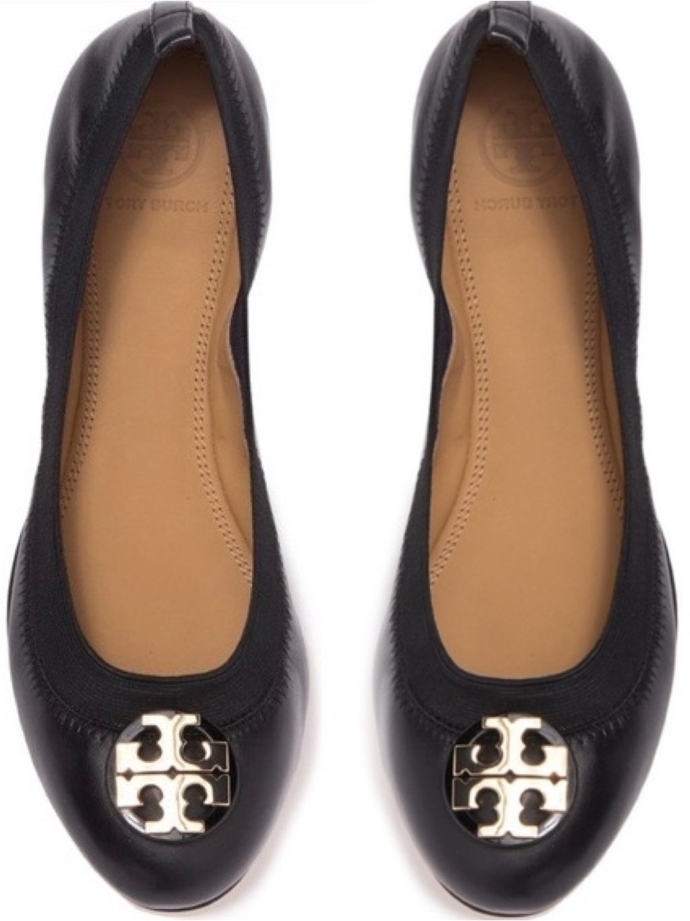 TORY BURCH Black Claire Elastic Ballet Flat with Gold Logo - Size 6.5